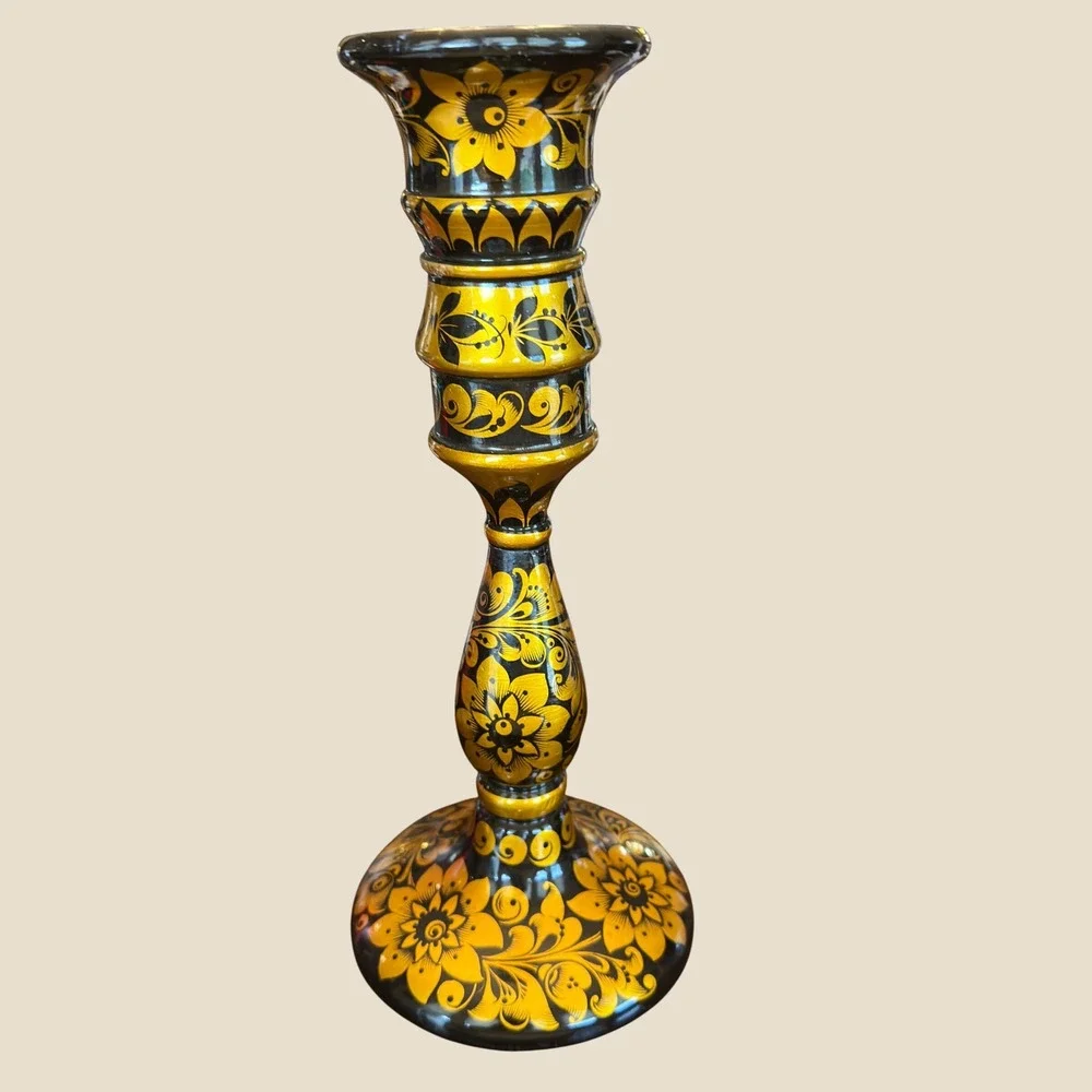 Khokhloma Candlestick Vintage Russian Folk Art Black‎ Gold Floral Lacquered Wood